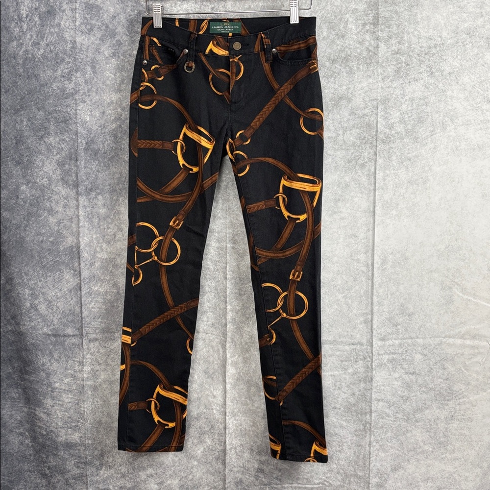 Lauren Ralph Lauren Jeans Co Black Equestrian Chain Design Tapered Jeans Size 2P